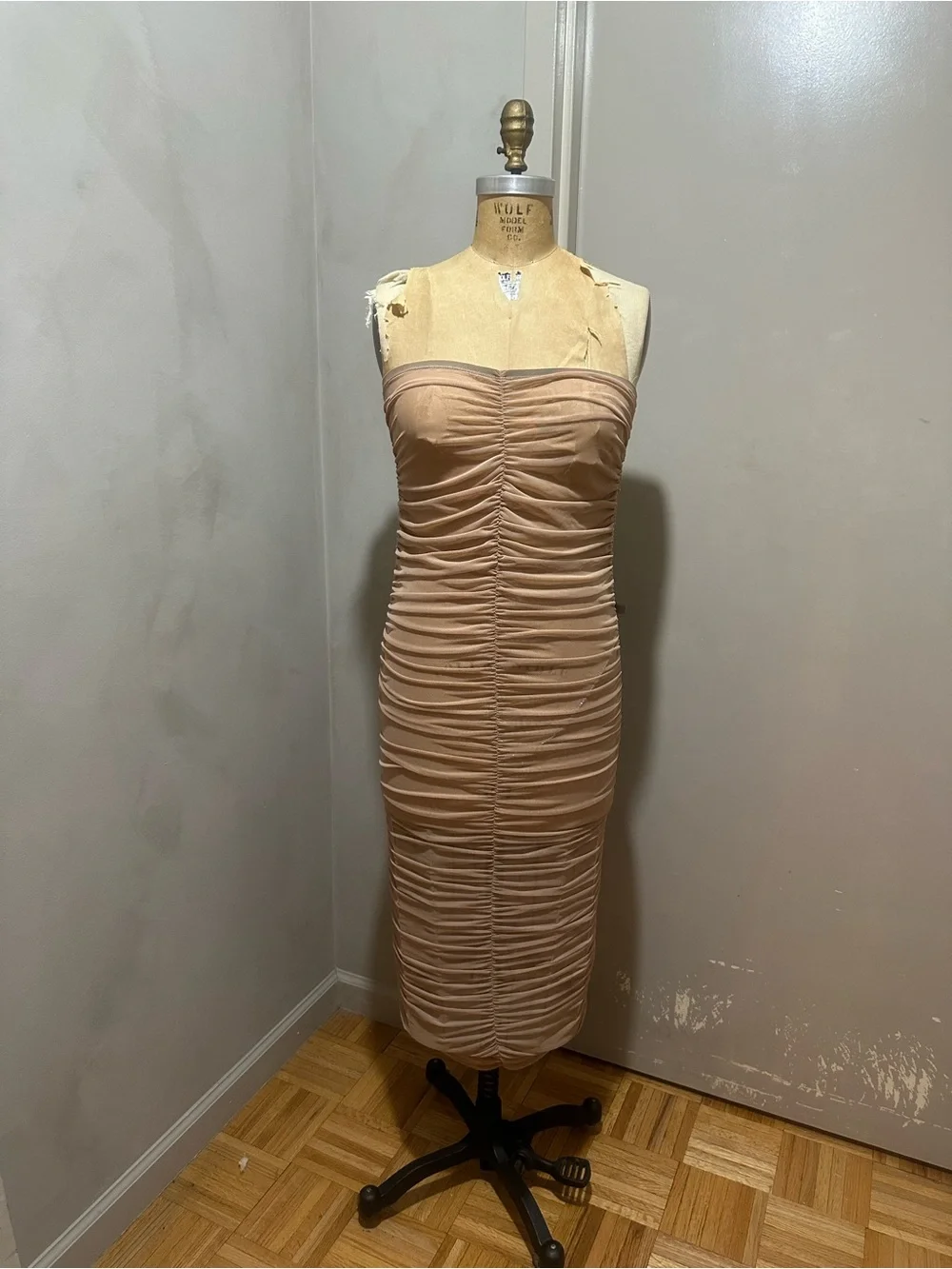 Ruched Nude Bodycon Maxi Skirt